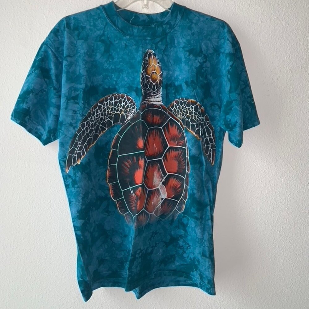 Vintage Sea Turtle Front and Back Loggerhead Hawksbill Tshirt L Tie Die Blue